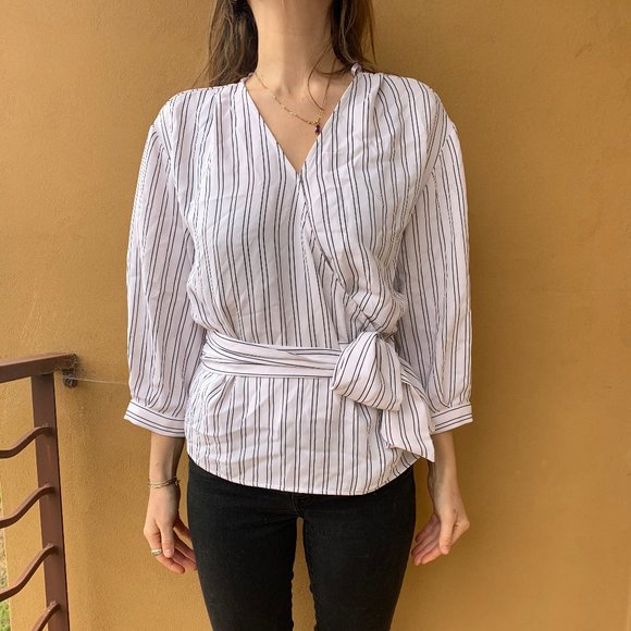Calvin Klein black and white striped wrap blouse. - Picture 1 of 4
